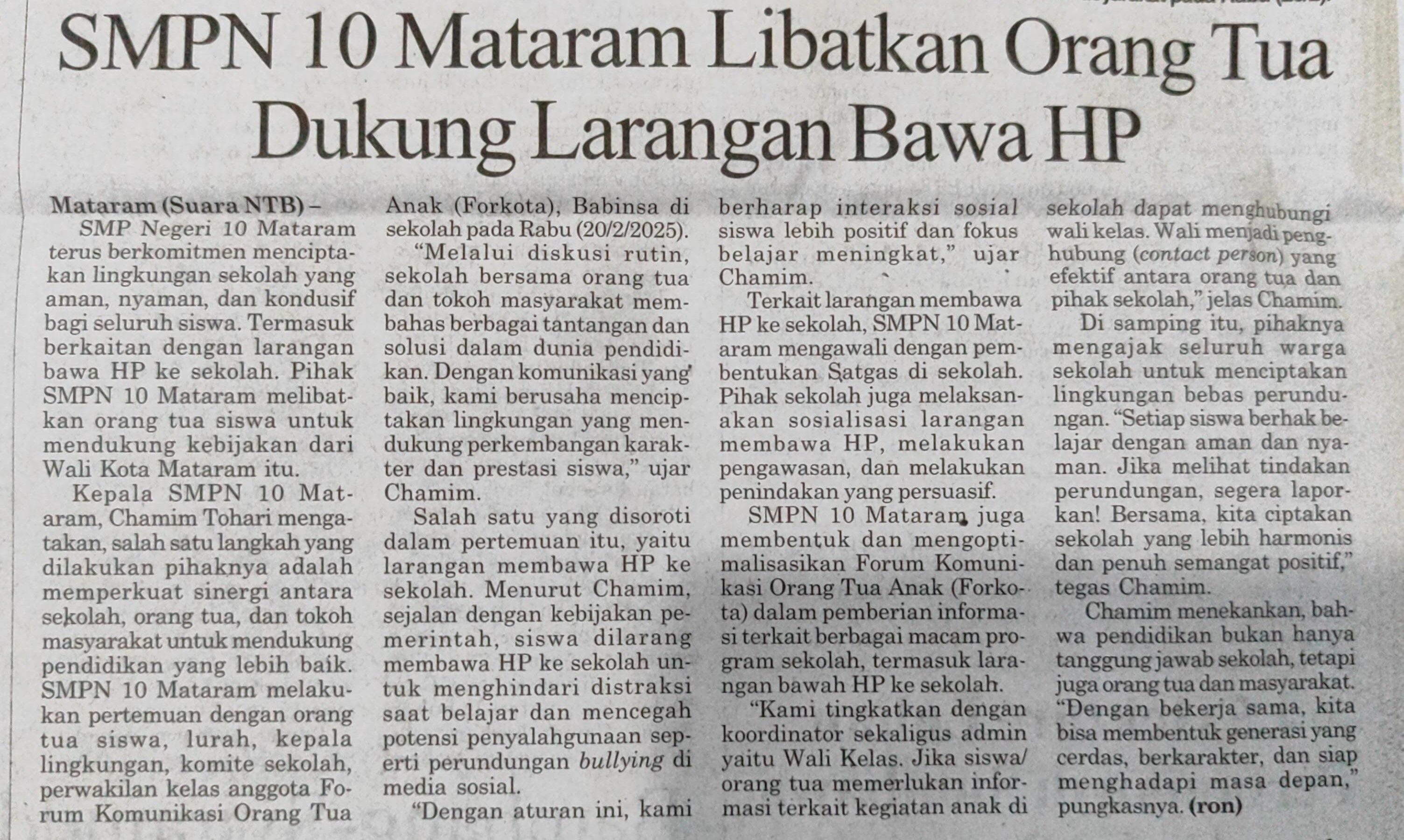 SMPN 10 Mataram Libatkan Orang Tua Dukung Larangan Bawa HP