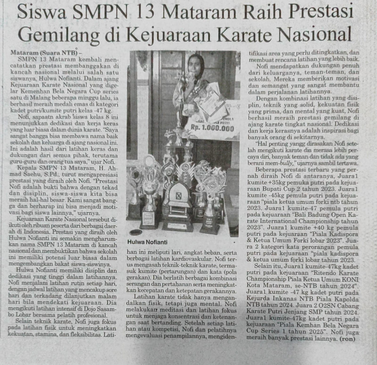 Siswa SMPN 13 Mataram Raih Prestasi Gemilang Di Kejuaraan Karate Nasional