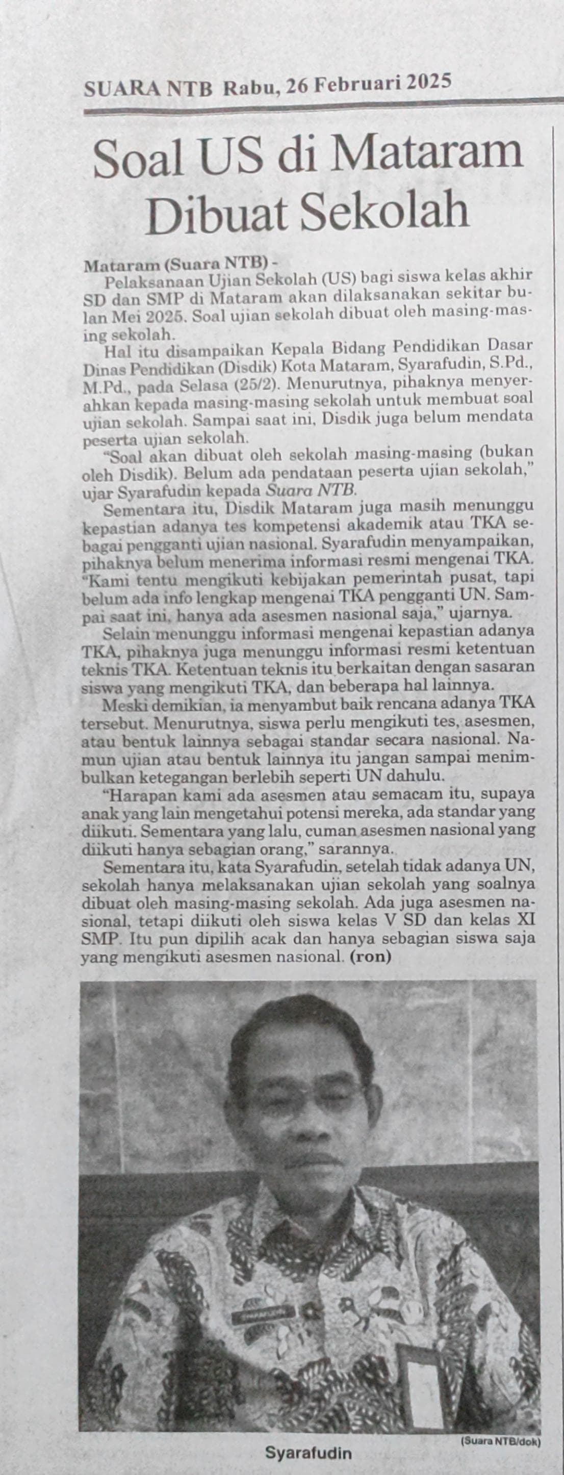 Soal US Di Mataram Dibuat Sekolah