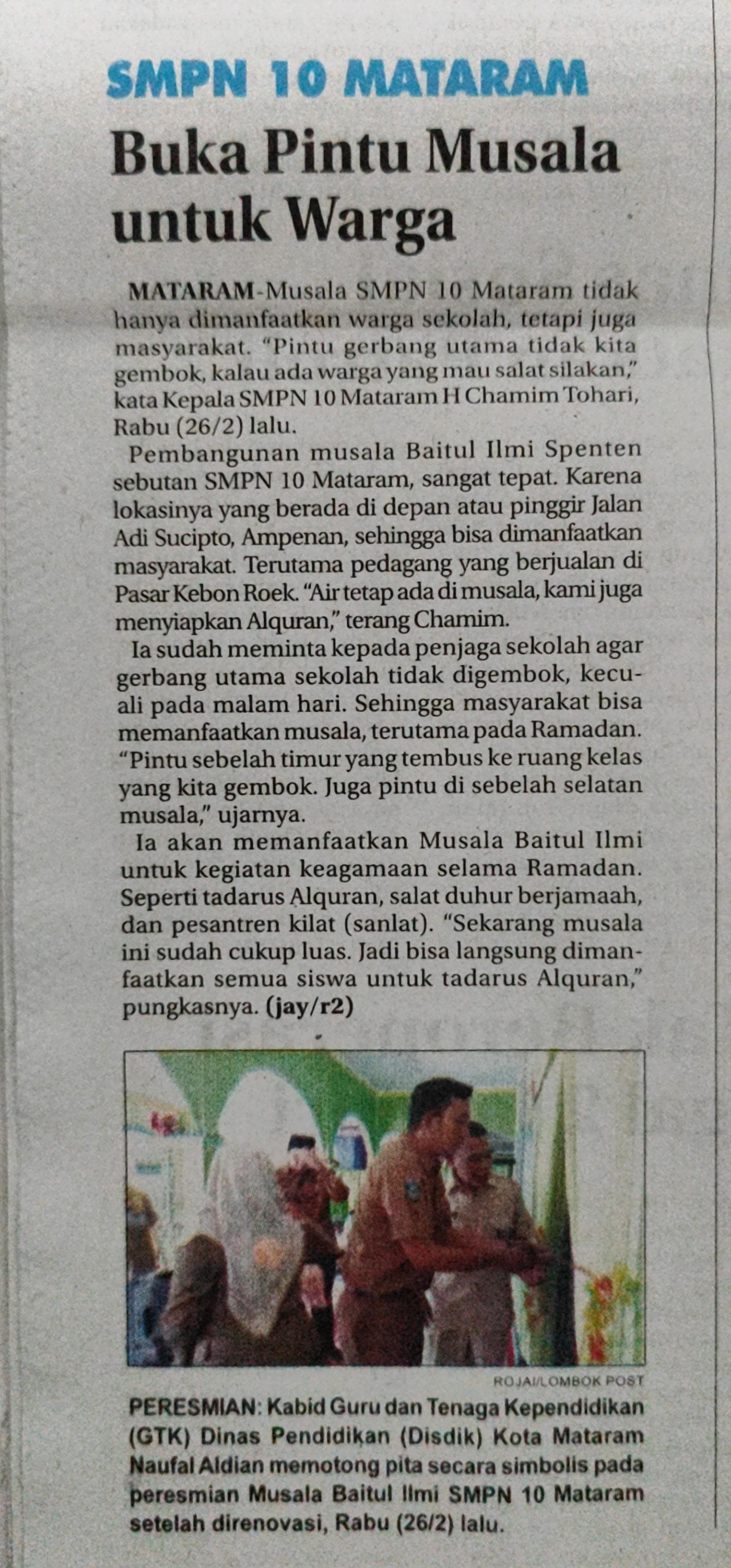 SMPN 10 Mataram Buka Pintu Musala Untuk Warga