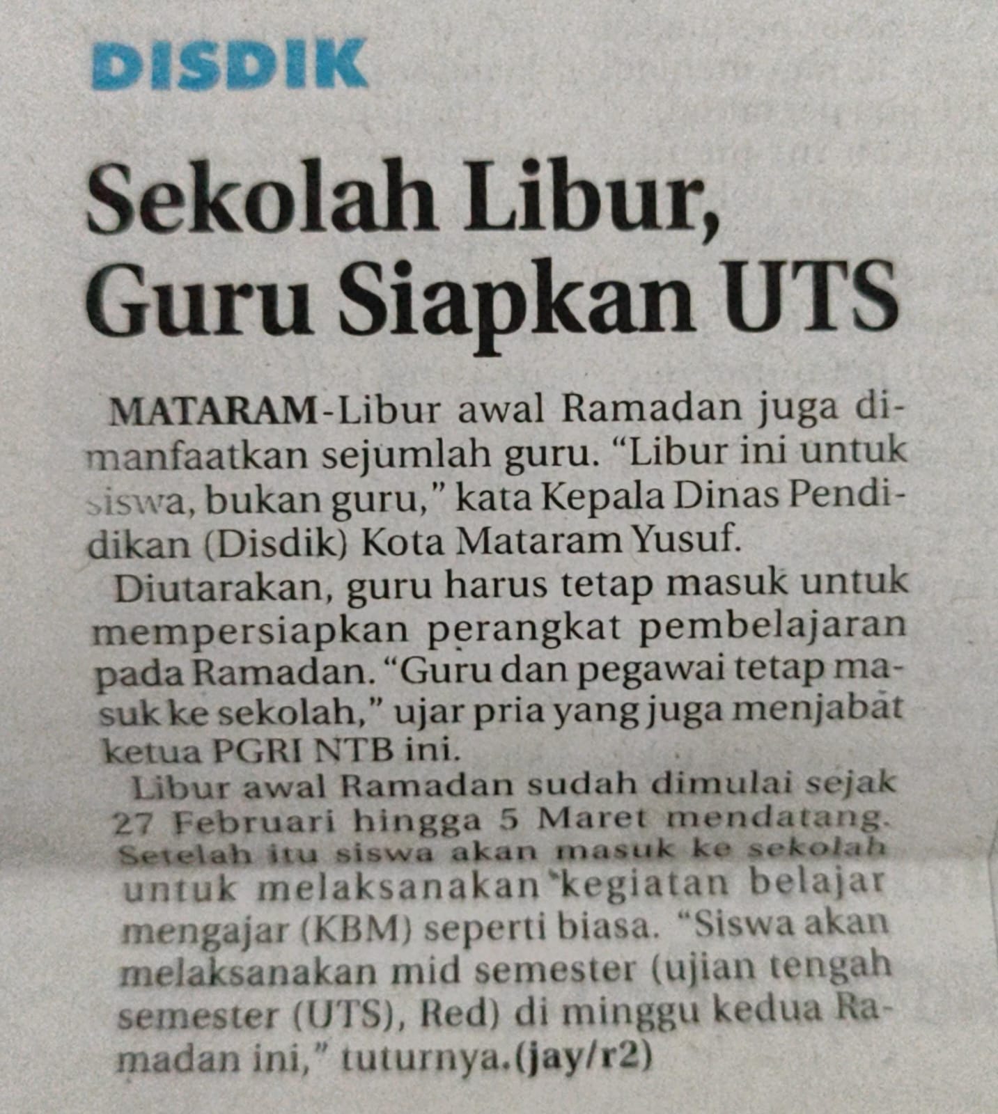 Sekolah Libur, Guru Siapkan UTS