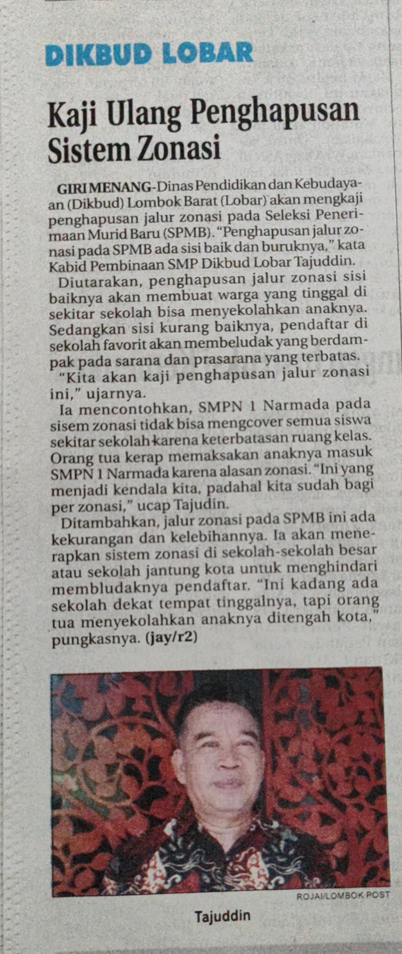 Dikbud Lobar Kaji Ulang Penghapusan Sistem Zonasi