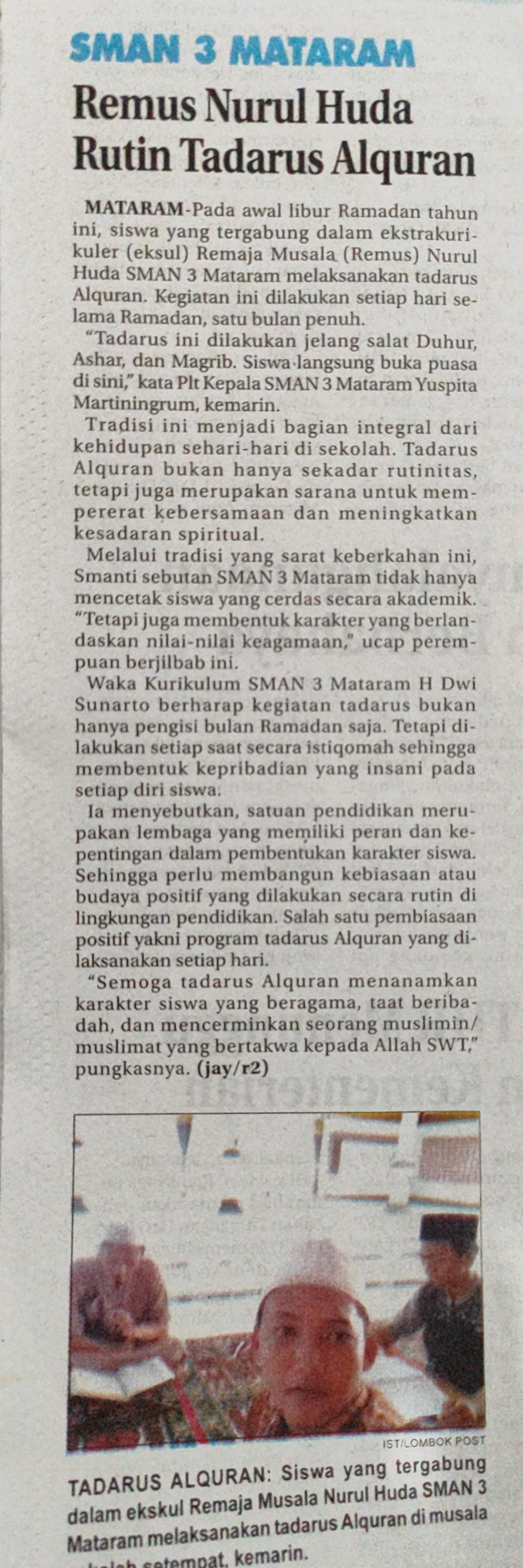 SMAN 3 Mataram Remus Nurul Huda Rutin Tadarus Alquran