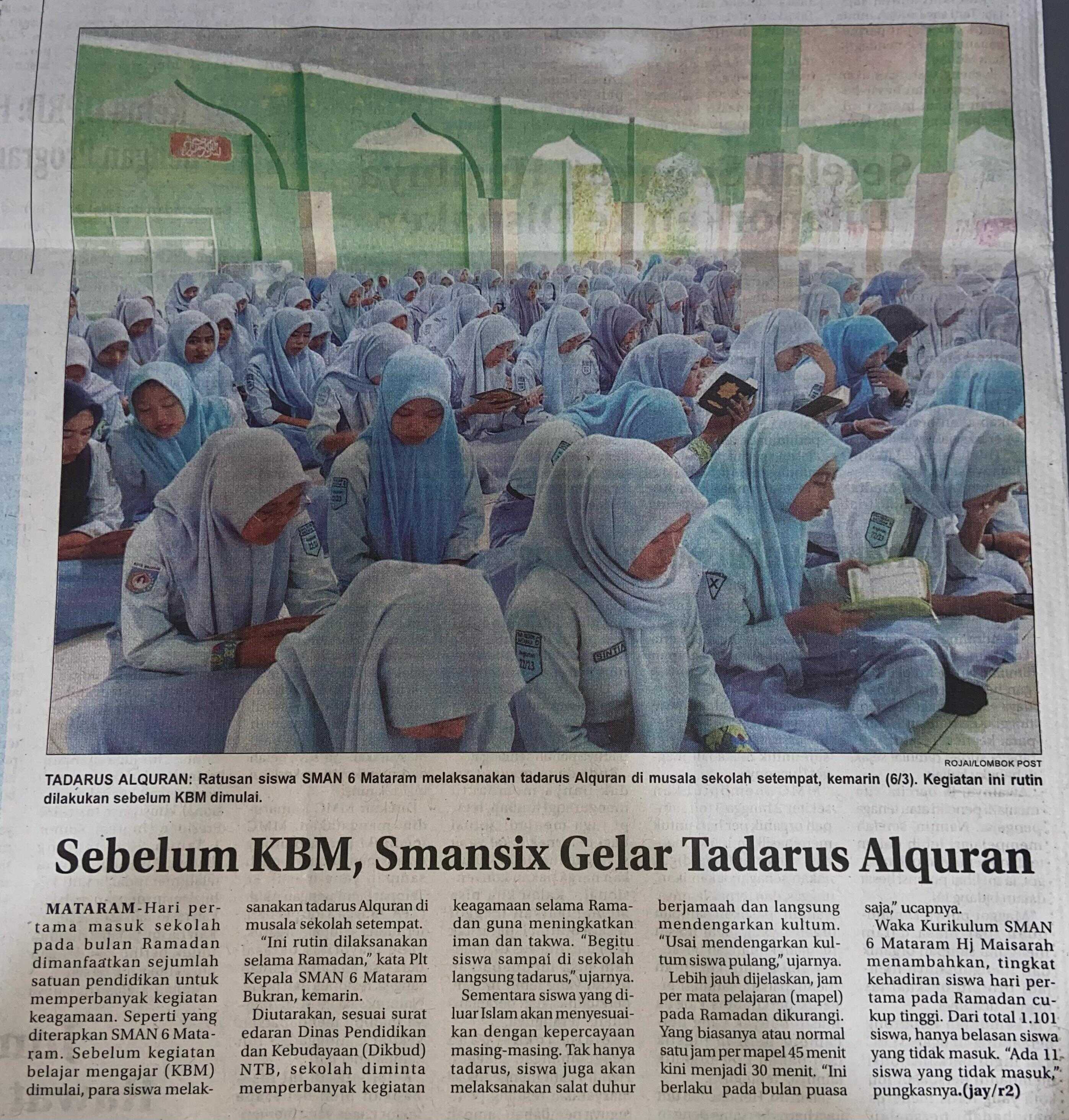 Sebelum KBM, Smansix Gelar Tadarus Alquran