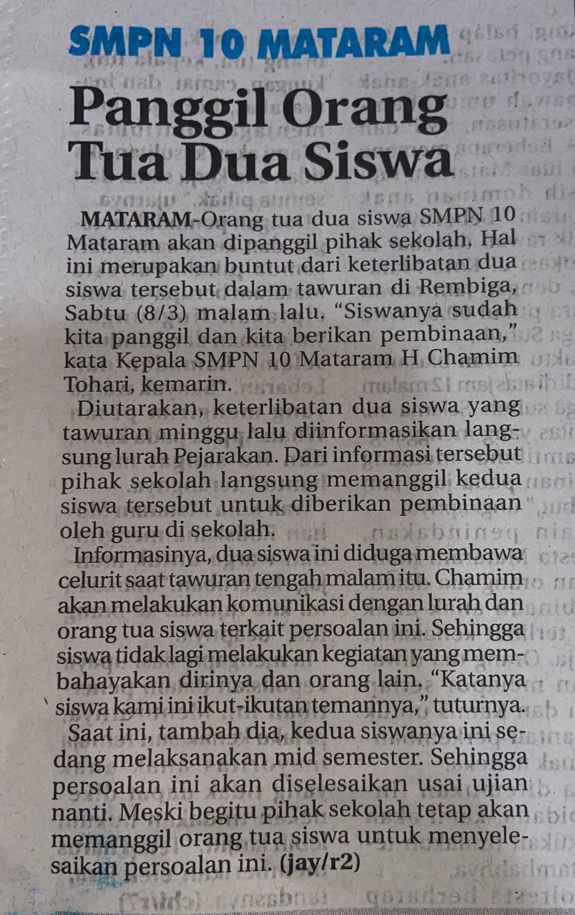 SMPN 10 Mataram Panggil Orang Tua 2 Siswa