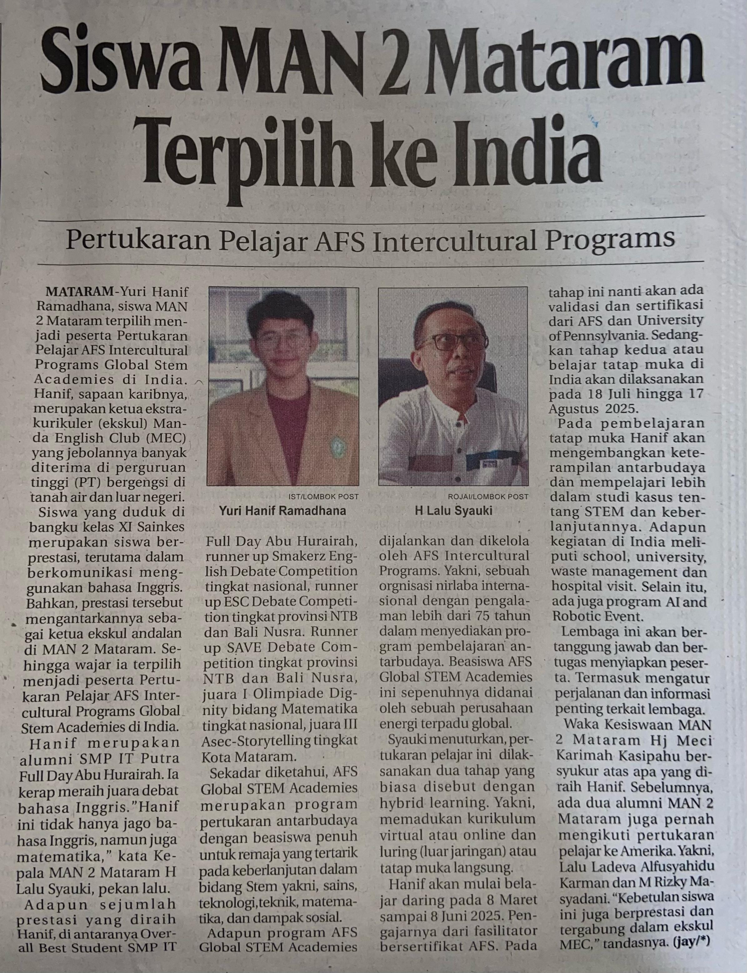 Siswa MAN 2 Mataram Terpilih Ke India