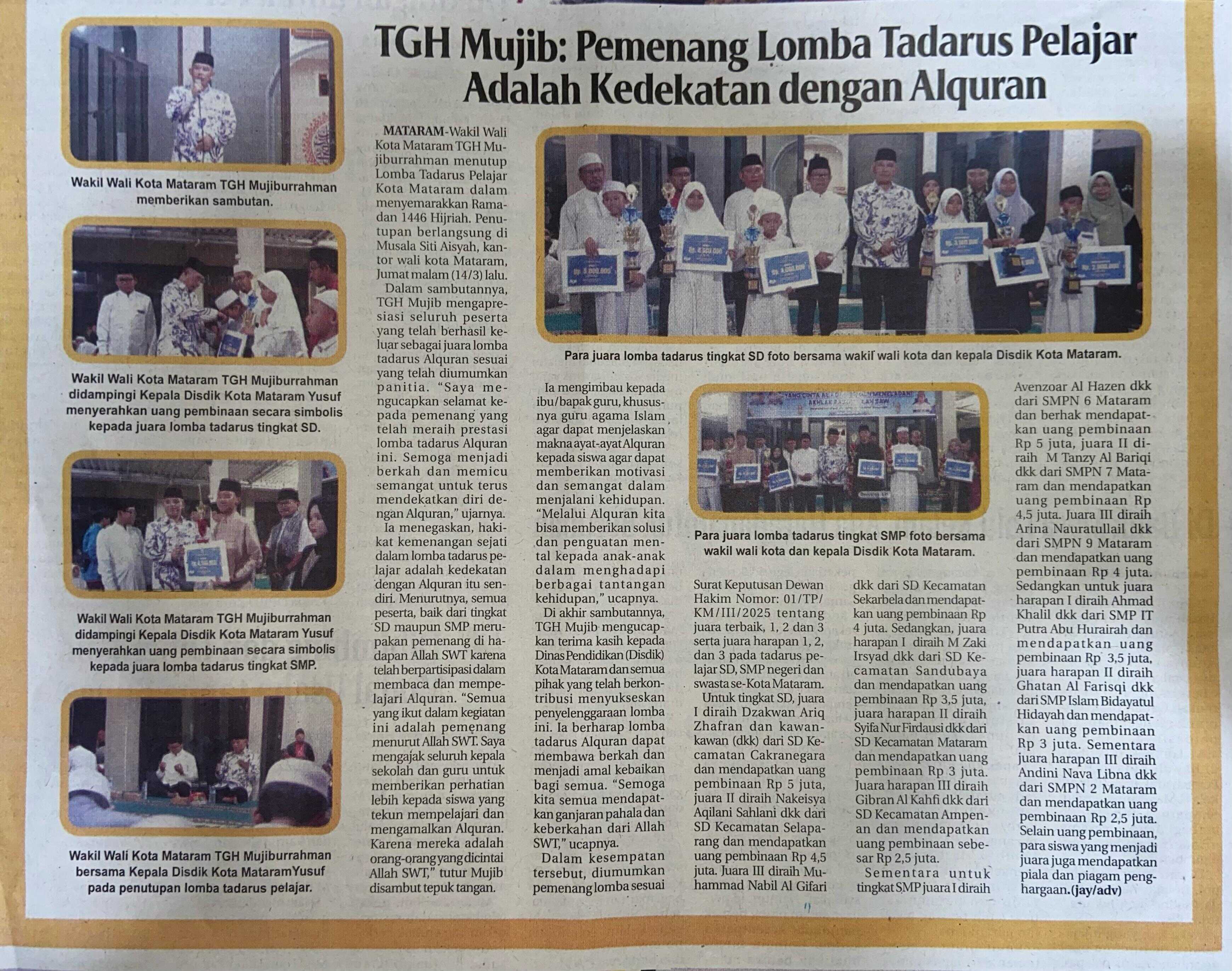 TGH Mujib : Pemenang Lomba Tadarus Pelajar Adalah Kedekatan Dengan Alquran