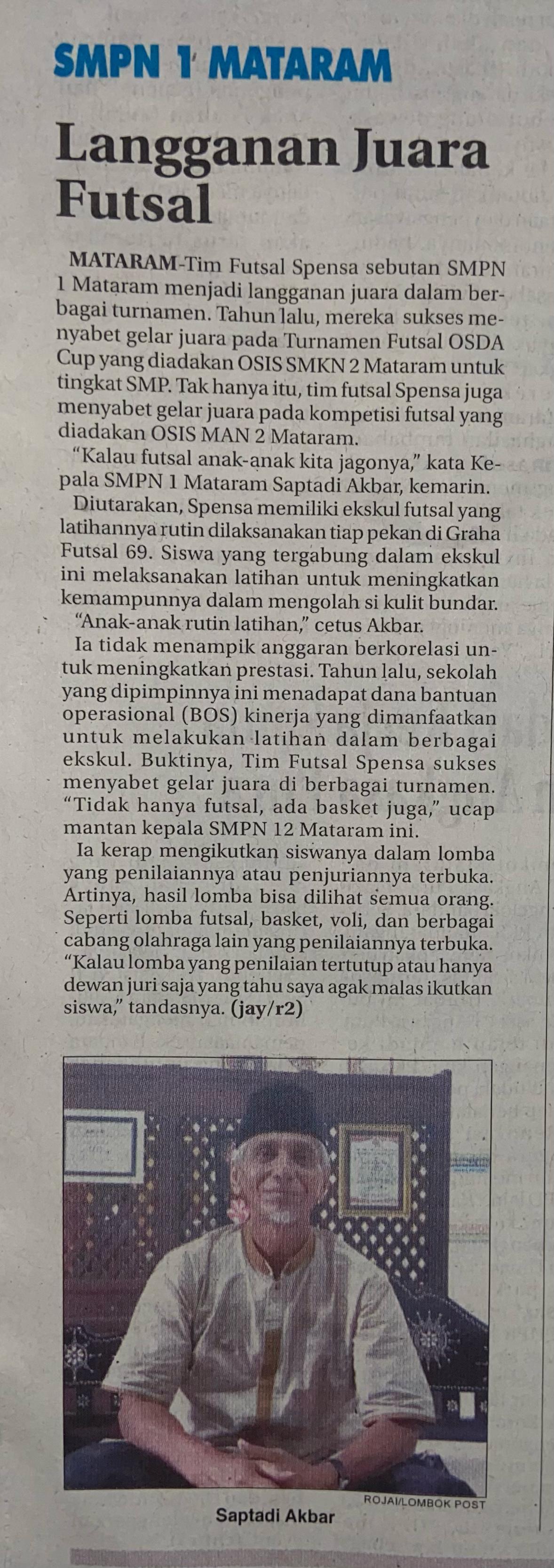 SMPN 1 Mataram Langganan Juara Futsal