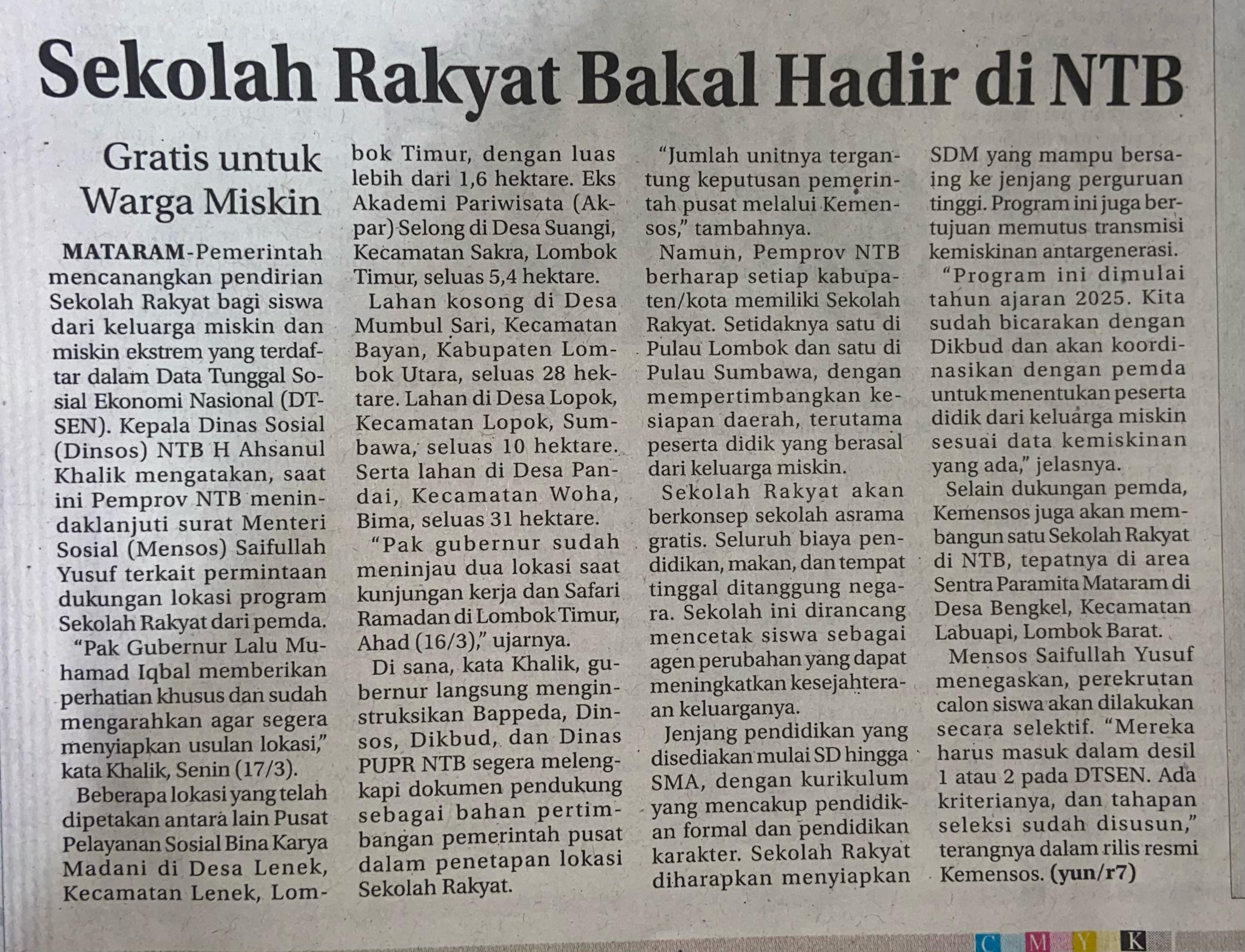 Sekolah Rakyat Bakal Hadir Di NTB