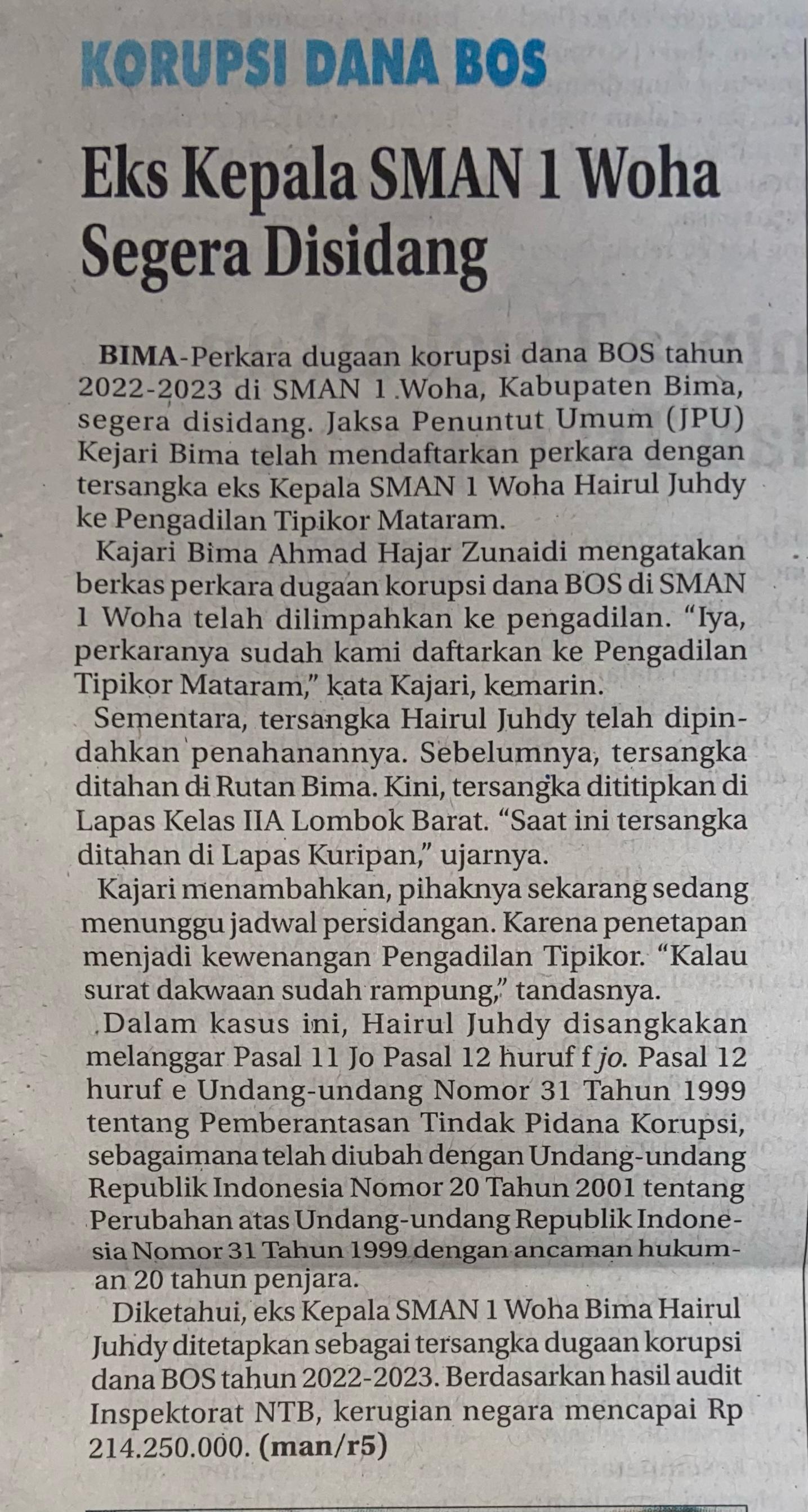 Korupsi Dana BOS, Eks Kepala SMAN 1 Woha Segera Disidang
