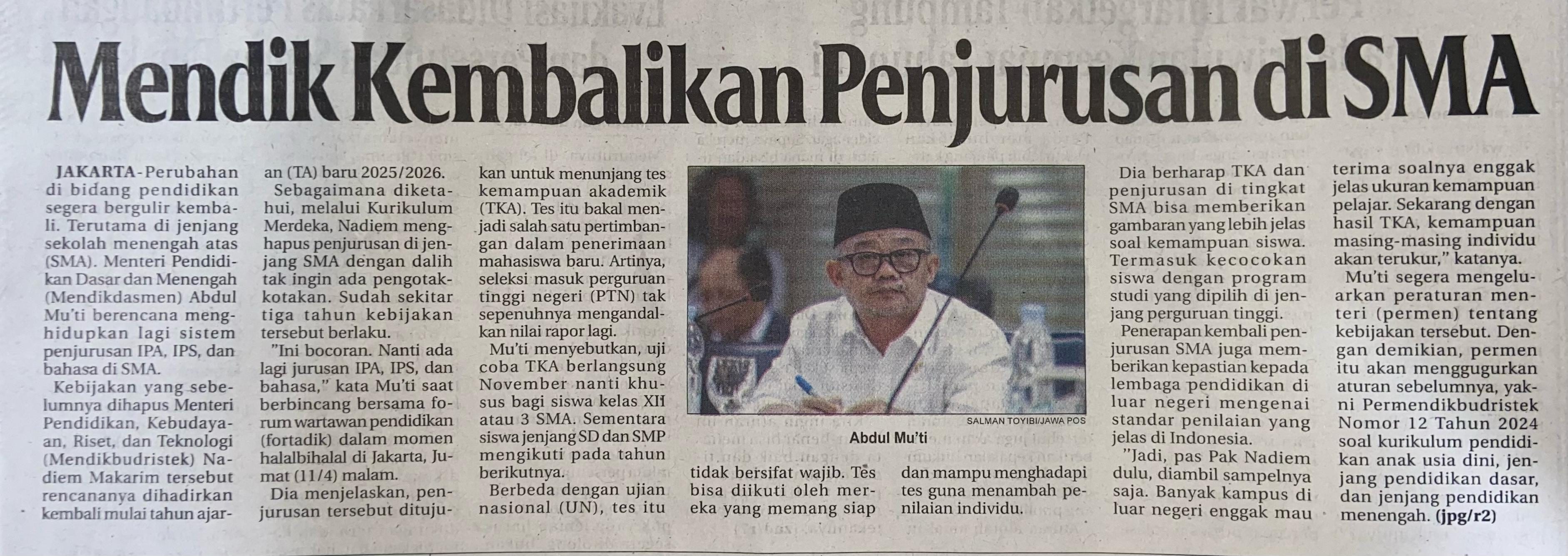 Mendik Kembalikan Penjurusan di SMA