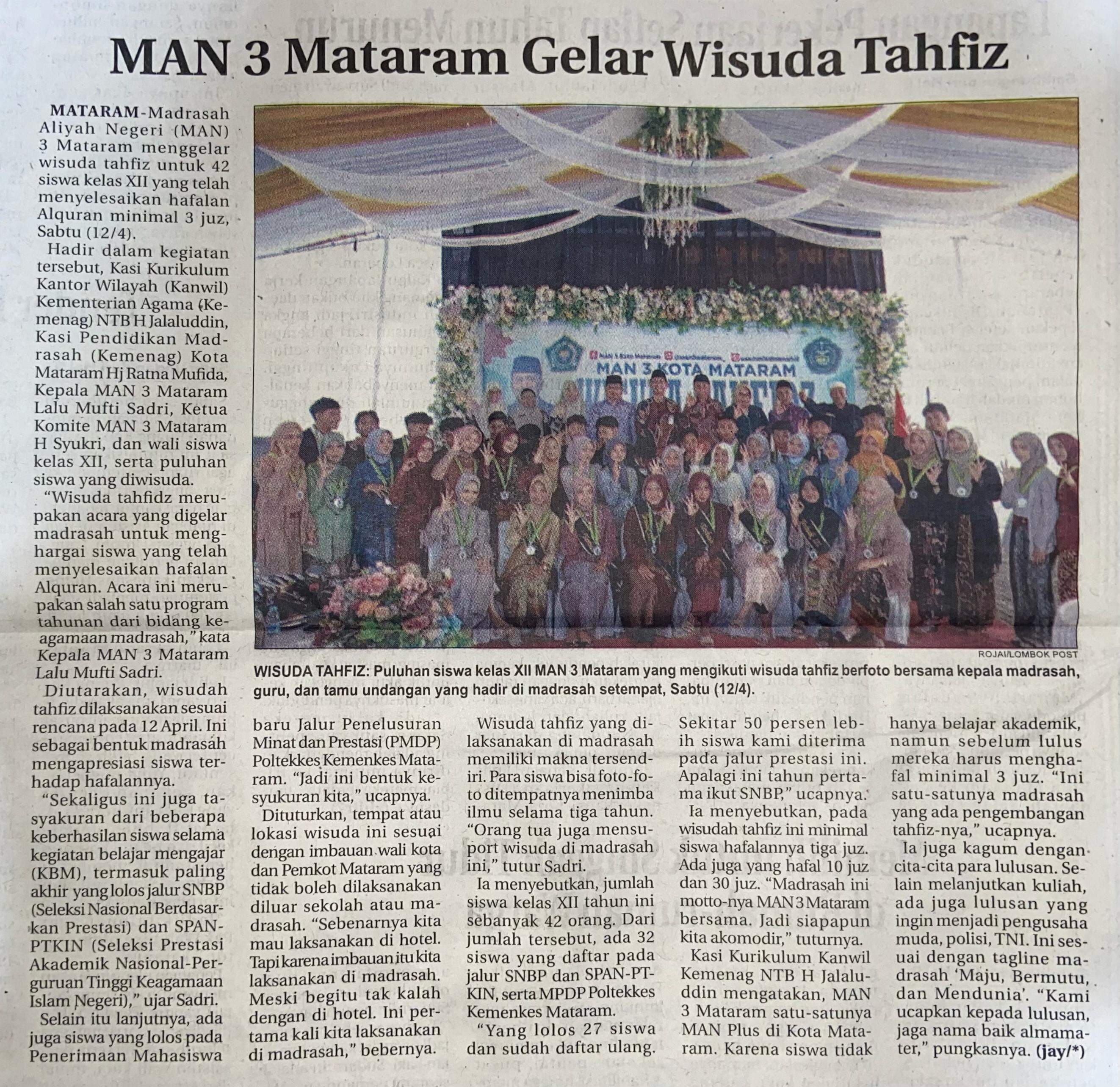 MAN 3 Mataram Gelar Wisuda Tahfiz