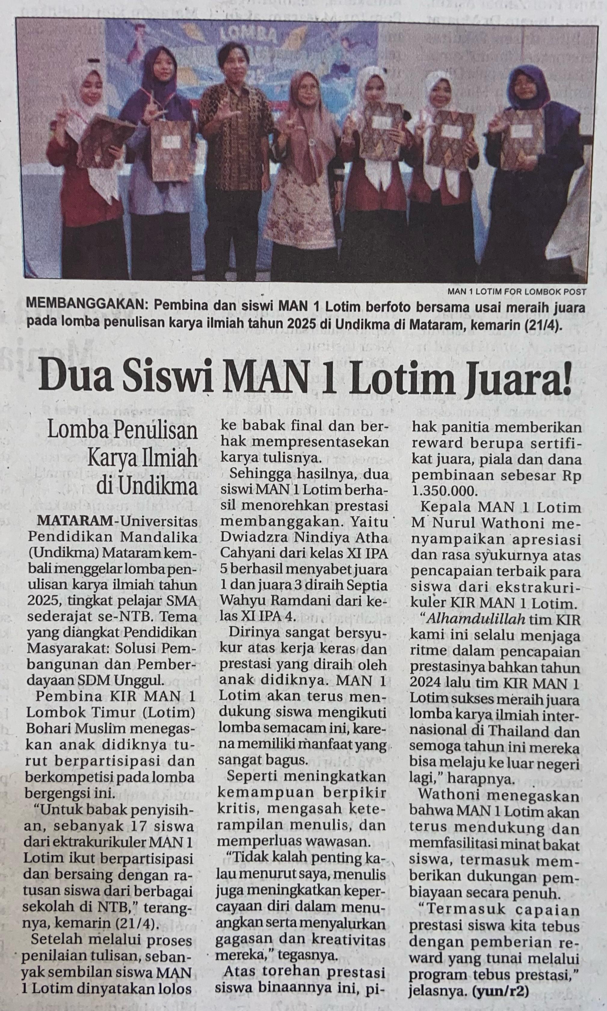 Dua Siswi MAN 1 Lotim Juara!