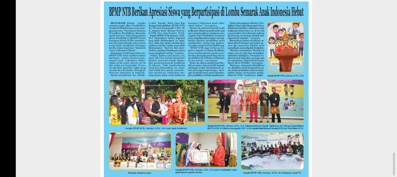BPMP NTB Berikan Apresiasi Siswa yang Berpartisipasi di Lombok Semarak Anak Indonesia Hebat