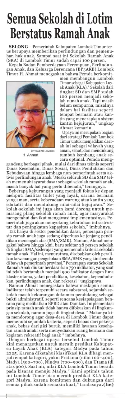 Semua Sekolah di Lotim Berstatus Ramah Anak