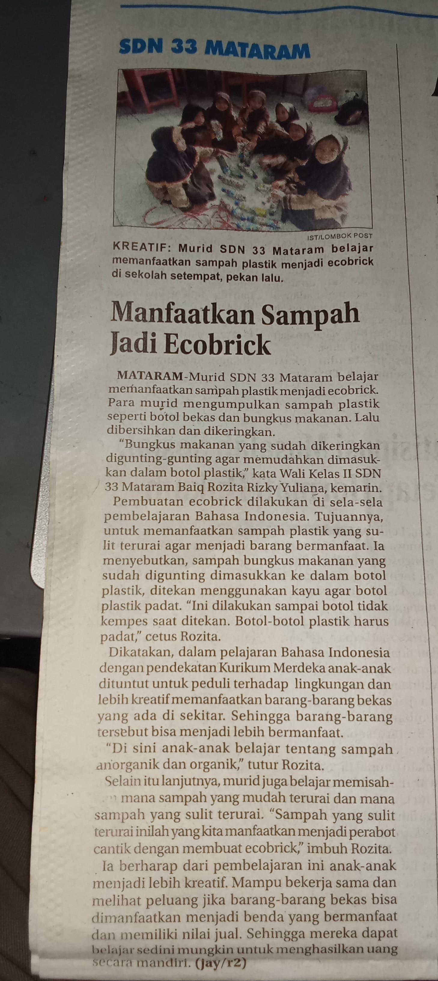 SDN 33 MATARAM MANFAATKAN SAMPAH JADI ECOBRICK