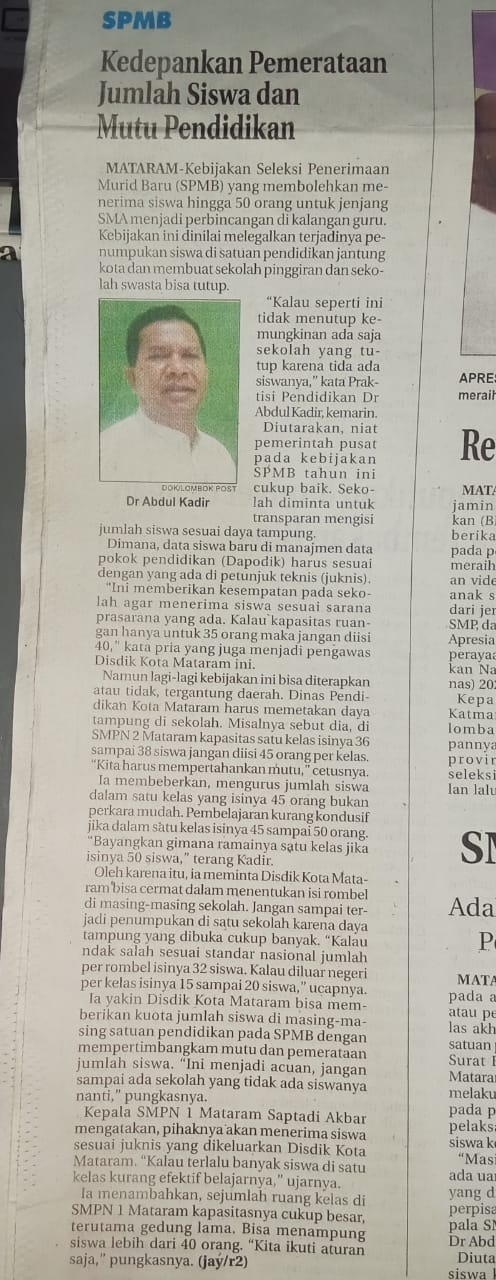 SPMB KEDEPANNYA PEMERATAAN JUMLAH SISWA DAN MUTU PENDIDIKAN