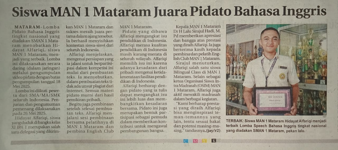 SISWA MAN 1 MATARAM JUARA PIDATO BAHASA INGGRIS