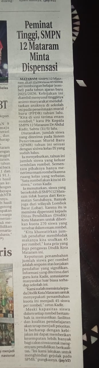 PEMINAT TINGGI, SMPN 12 MATARAM MINTA DISPENSASI