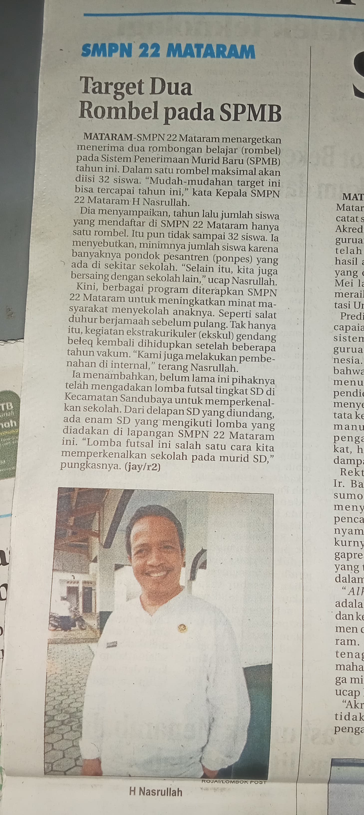 SMPN 22 MATARAM TARGETKAN DUA ROMBEL PADA SPMB