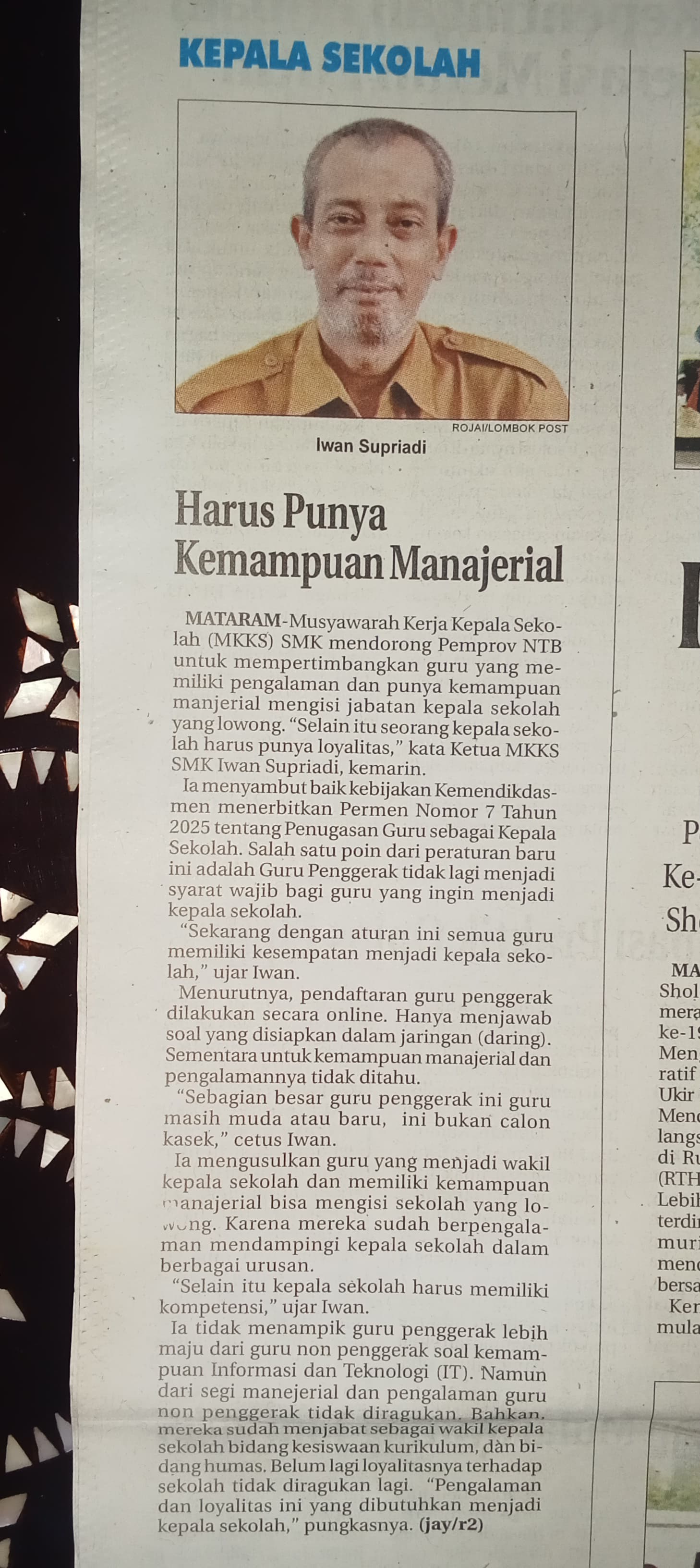 KEPALA SEKOLAH HARUS PUNYA KEMAMPUAN MANAJERIAL