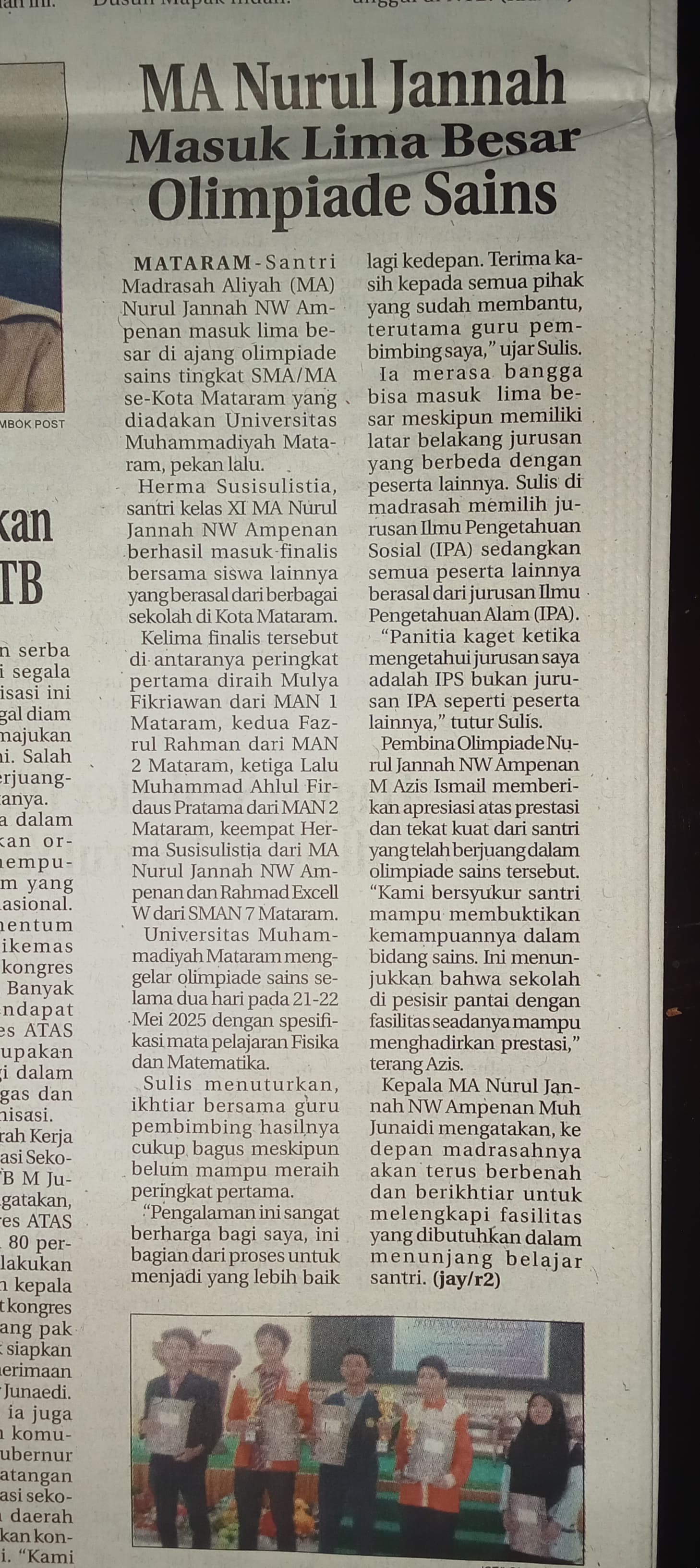MA NURUL JANNAH MASUK LIMA BESAR OLIMPIADE SAINS