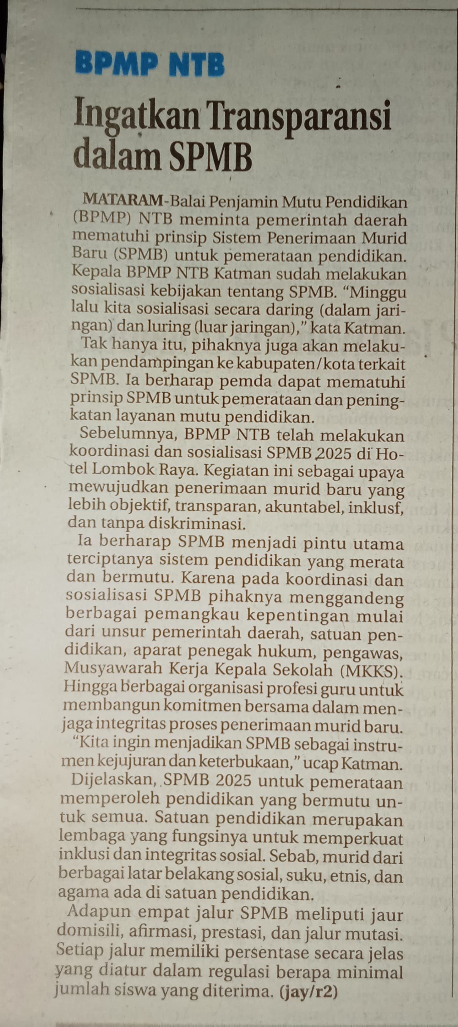 SPMB NTB INGATKAN TRANSPARANSI SPMB