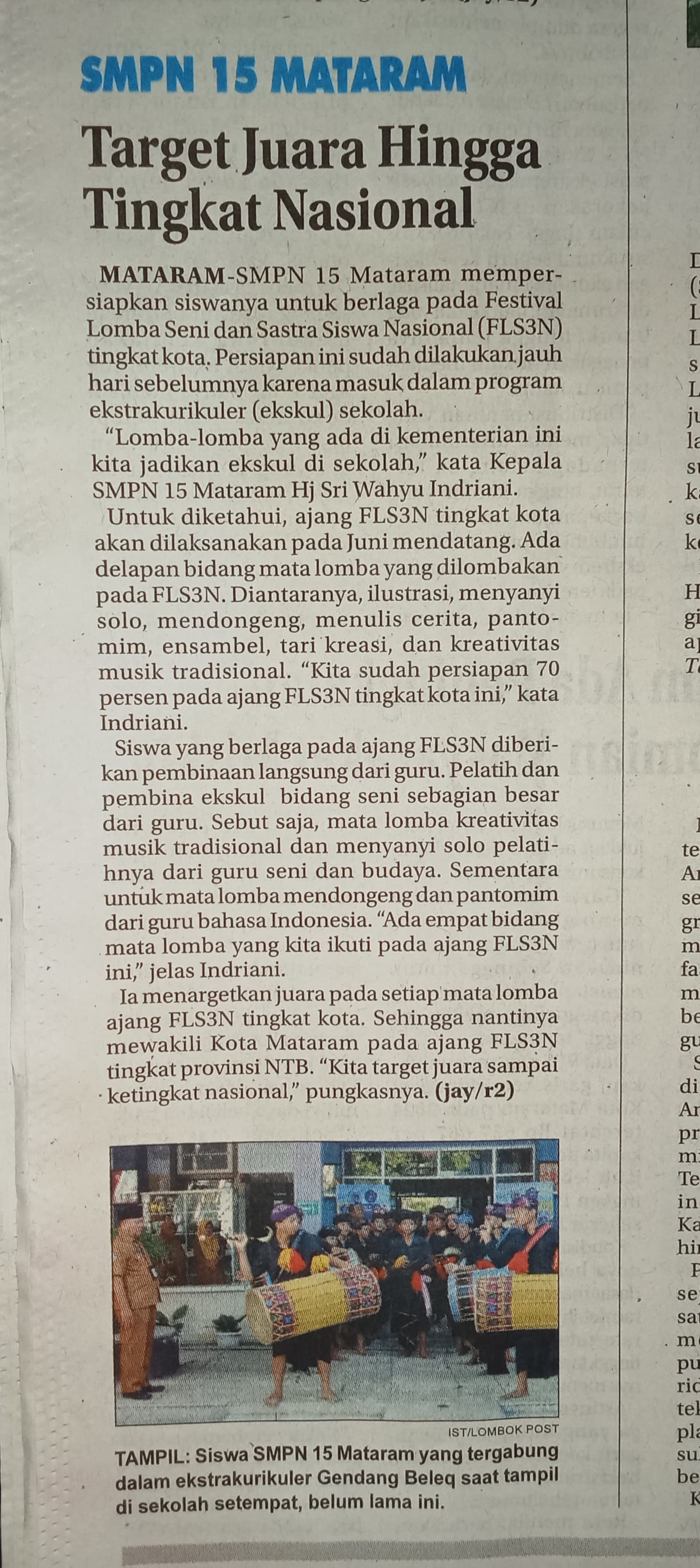 SMPN 15 MATARAM TARGET JUARA HINGGA TINGKAT NASIONAL