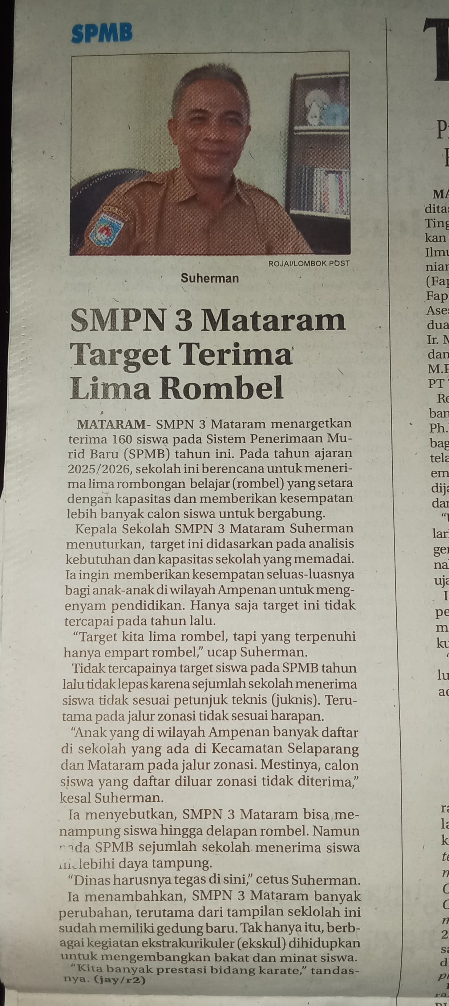 SPMB SMPN 3 MATARAM TARGETKAN TERIMA LIMA ROMBEL