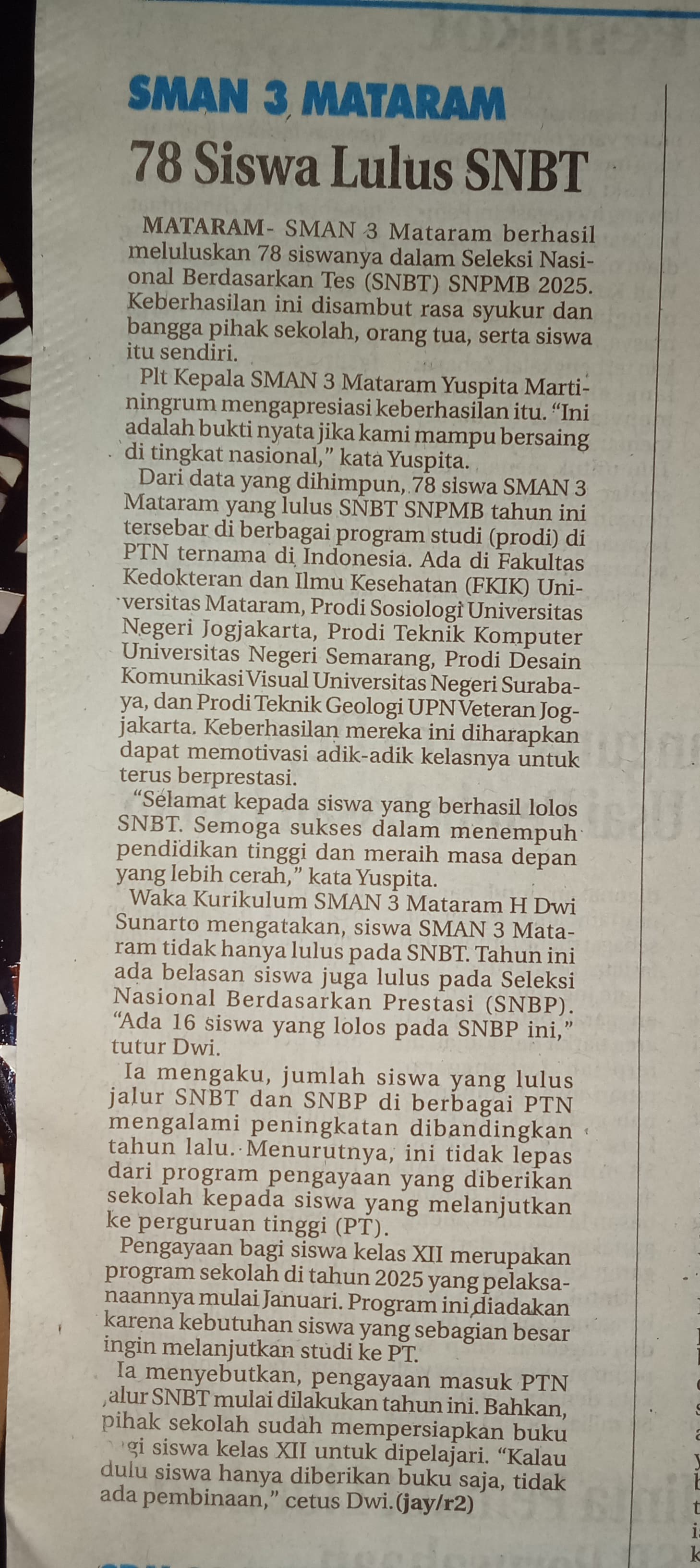 SMAN 3 MATARAM 78 SISWA LULUS SNBT