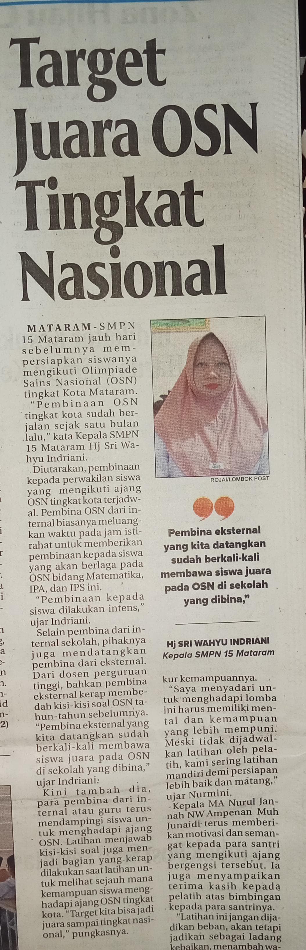 SMPN 15 MATARAM TARGET JUARA OSN TINGKAT NASIONAL