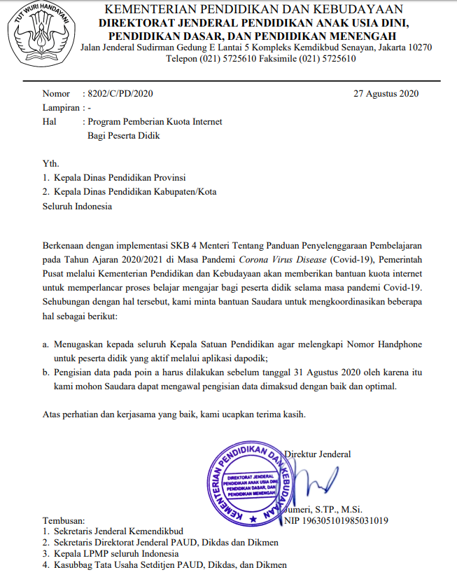 Program Pemberian Kuota Internet  Bagi Peserta Didik