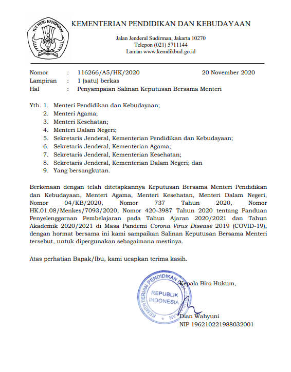 Salinan SKB MENTERI PENDIDIKAN DAN KEBUDAYAAN, MENTERI AGAMA, MENTERI KESEHATAN, DAN MENTERI DALAM NEGERI REPUBLIK INDONESIA