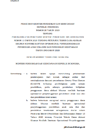PERATURAN MENTERI PENDIDIKAN DAN KEBUDAYAAN  REPUBLIK INDONESIA NOMOR 20 TAHUN 2020