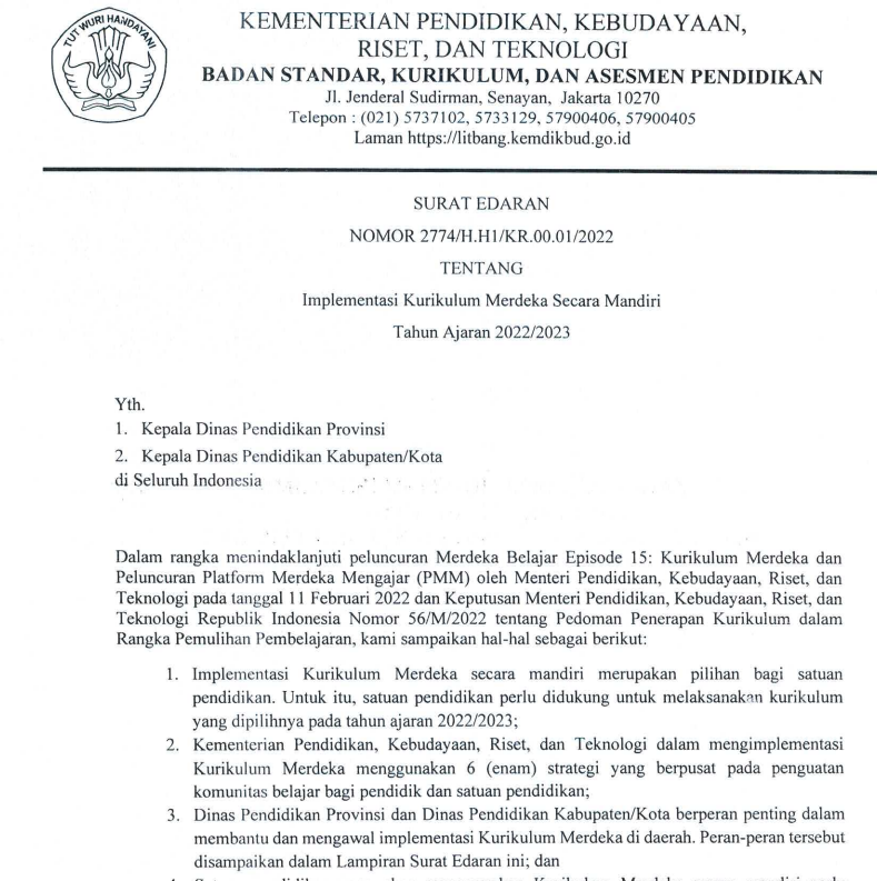 SE No. 2774/H.H1/KR.00.01/2022 tentang Implementasi Kurikulum Merdeka Secara Mandiri