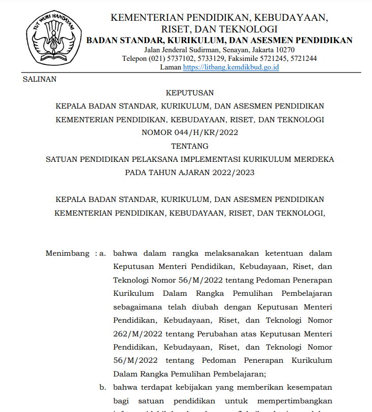 SK Kepala BSKAP Pelaksana IKM Mandiri Nomor 044/H/KR/2022