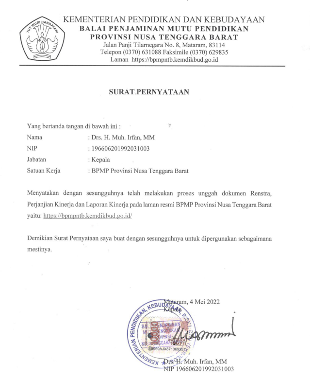 Surat Pernyataan telah mengunggah Renstra,  Perjanjian Kinerja dan Laporan Kinerja