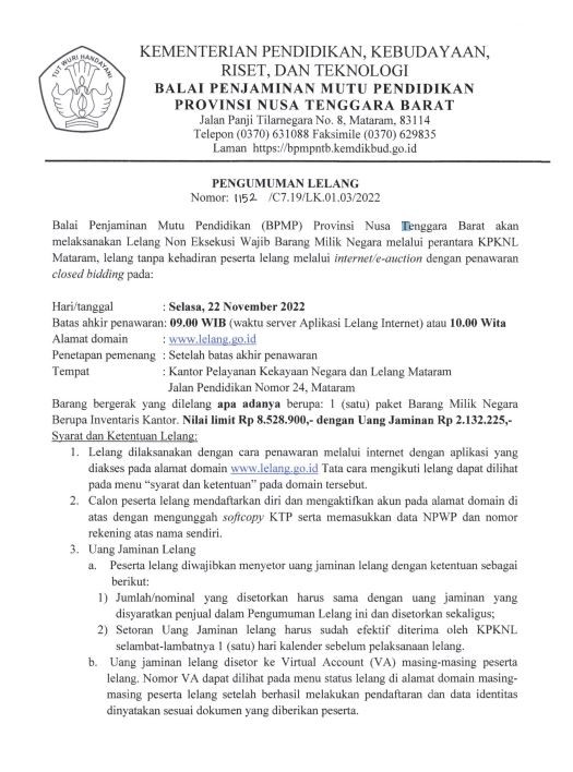 Pengumuman Lelang BPMP Provinsi NTB
