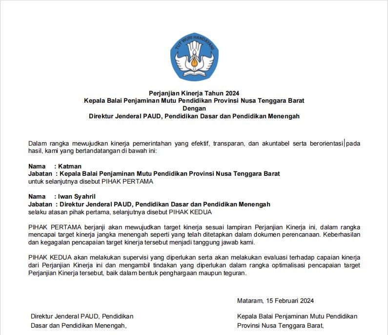 Perjanjian Kinerja Tahun 2024 Kepala Balai Penjaminan Mutu Pendidikan Provinsi Nusa Tenggara Barat Dengan Direktur Jenderal PAUD, Pendidikan Dasar dan Pendidikan Menengah